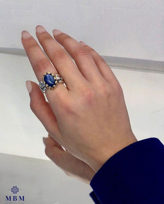 Anel em prata e ouro e pedra natural