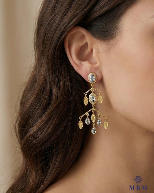 Brincos em prata - folhas e Pedras Transparente