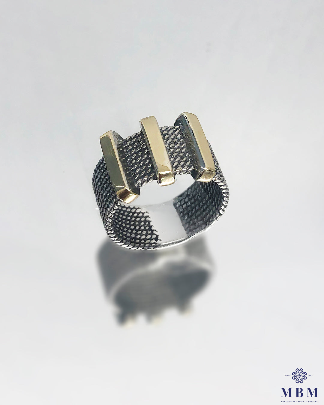 Anel 3 travessões em prata e ouro