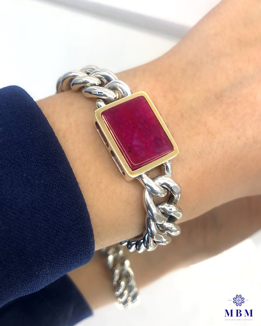 Pulseira de prata e ouro e pedra natural