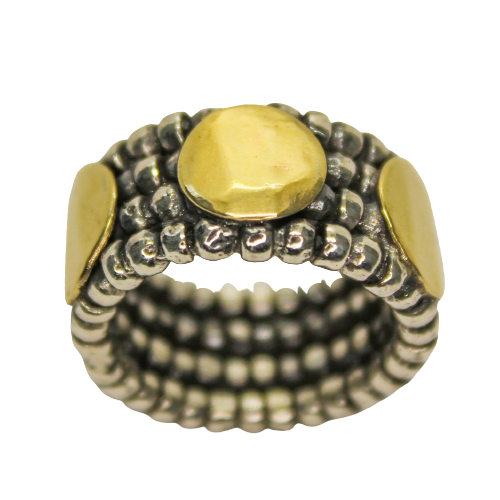 Wide ring with 3 circles in silver and gold