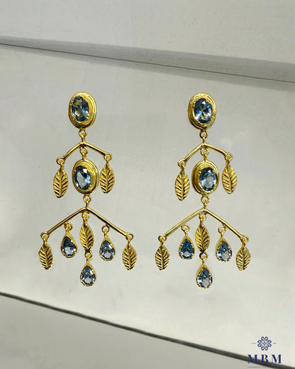 Brincos em prata - folhas e Pedras Azul Claro