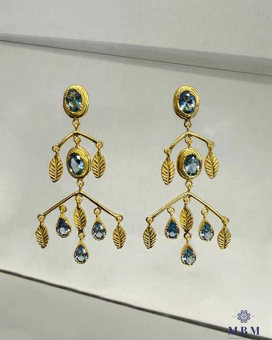 Brincos em prata - folhas e Pedras Azul Claro