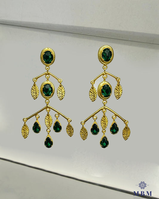 Brincos em prata - folhas e Pedras Verde Escuro