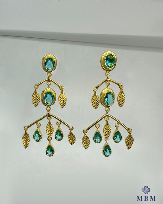 Brincos em prata - folhas e Pedras Verde Água
